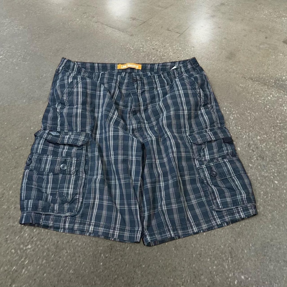 Lee Dungarees Cargo Shorts Mens 38 Black Plaid Y2K Utility Cotton Relaxed Fit